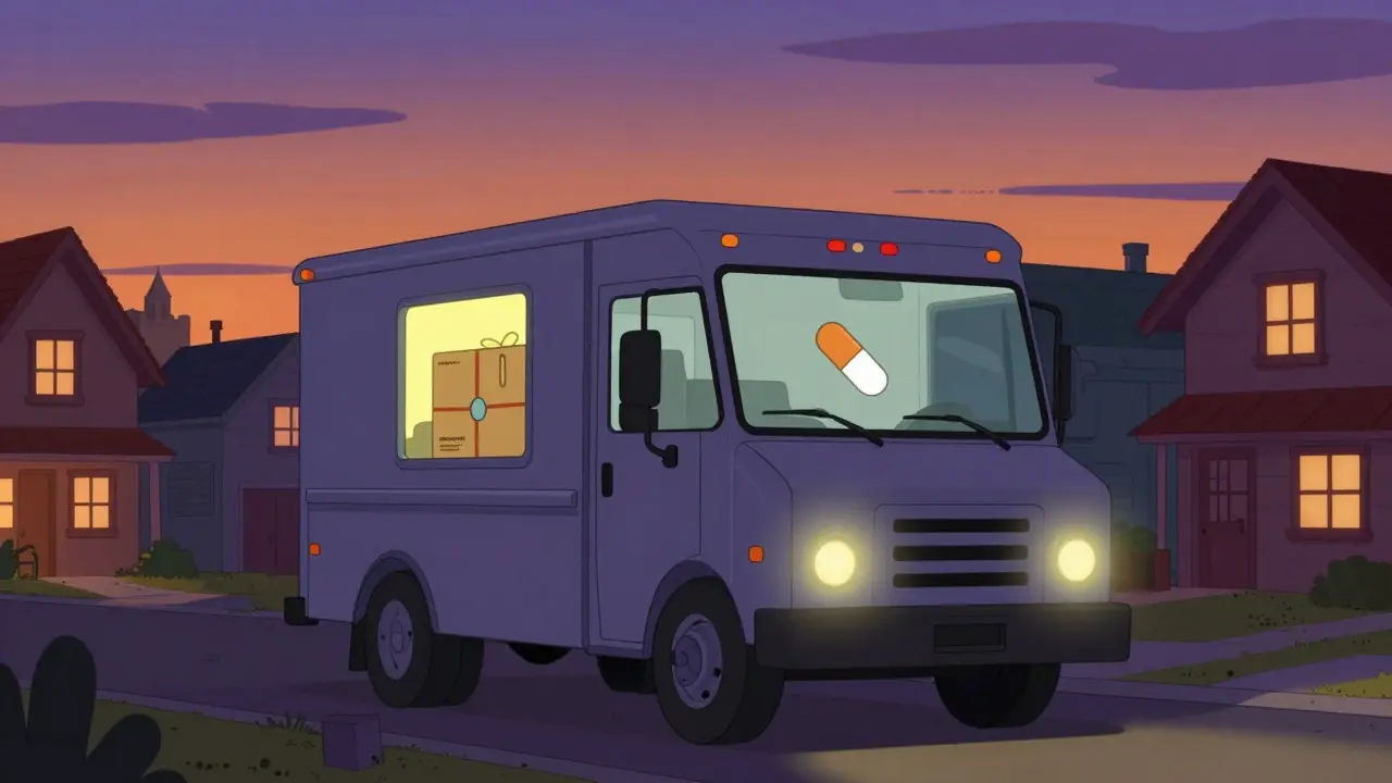 Stylized delivery truck carrying a medical package in cartoon art