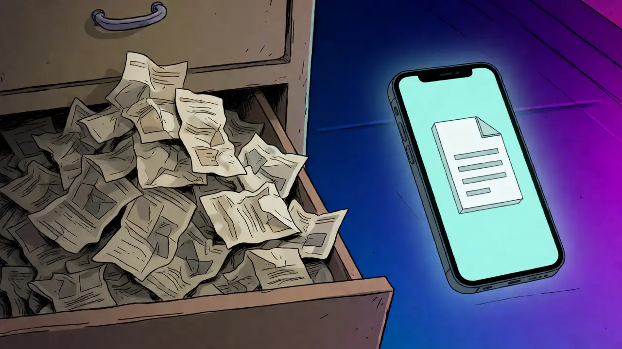 Surreal illustration contrasting a pile of paper guides with a glowing phone.