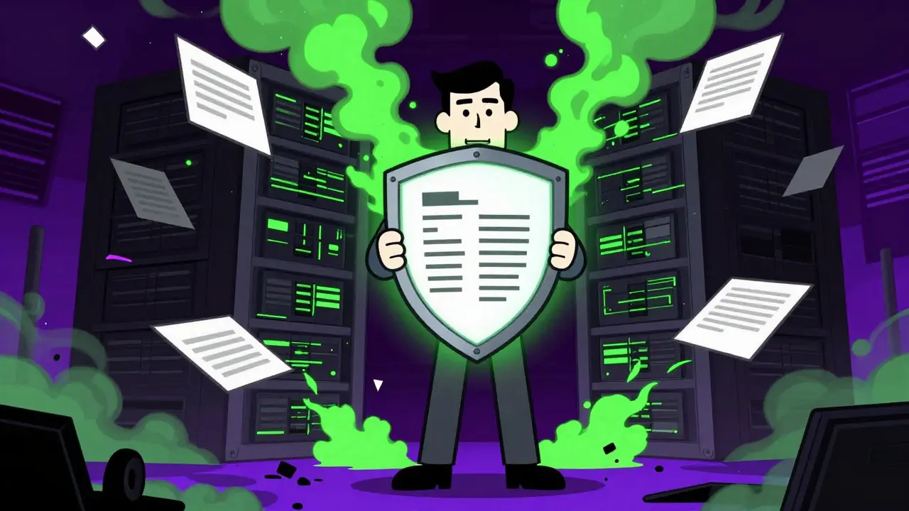 Tech engineer shielding self from glitching servers and data debris