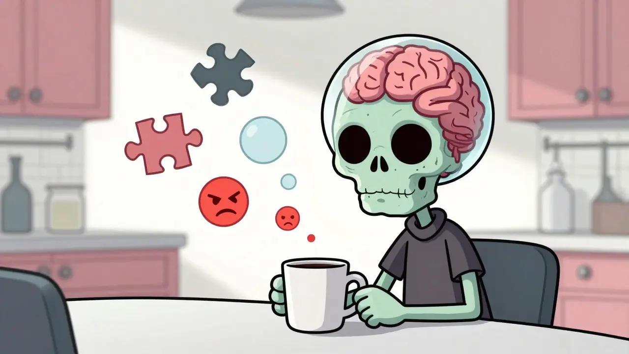 Zombie-like person experiencing brain fog and mood swings after drinking