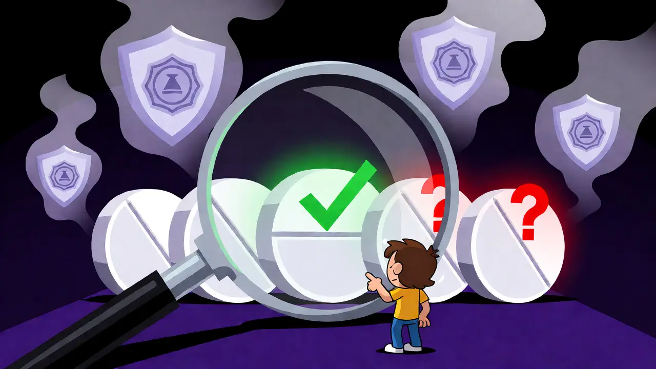 Magnifying glass inspecting pills for safety and legitimacy amidst warning signs.