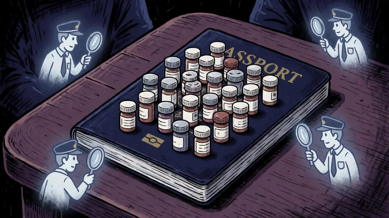 Passport covered in pill bottles under customs inspection