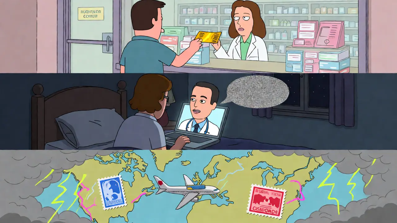 Surreal illustration of buying meds via coupons, telehealth, and mail-order.